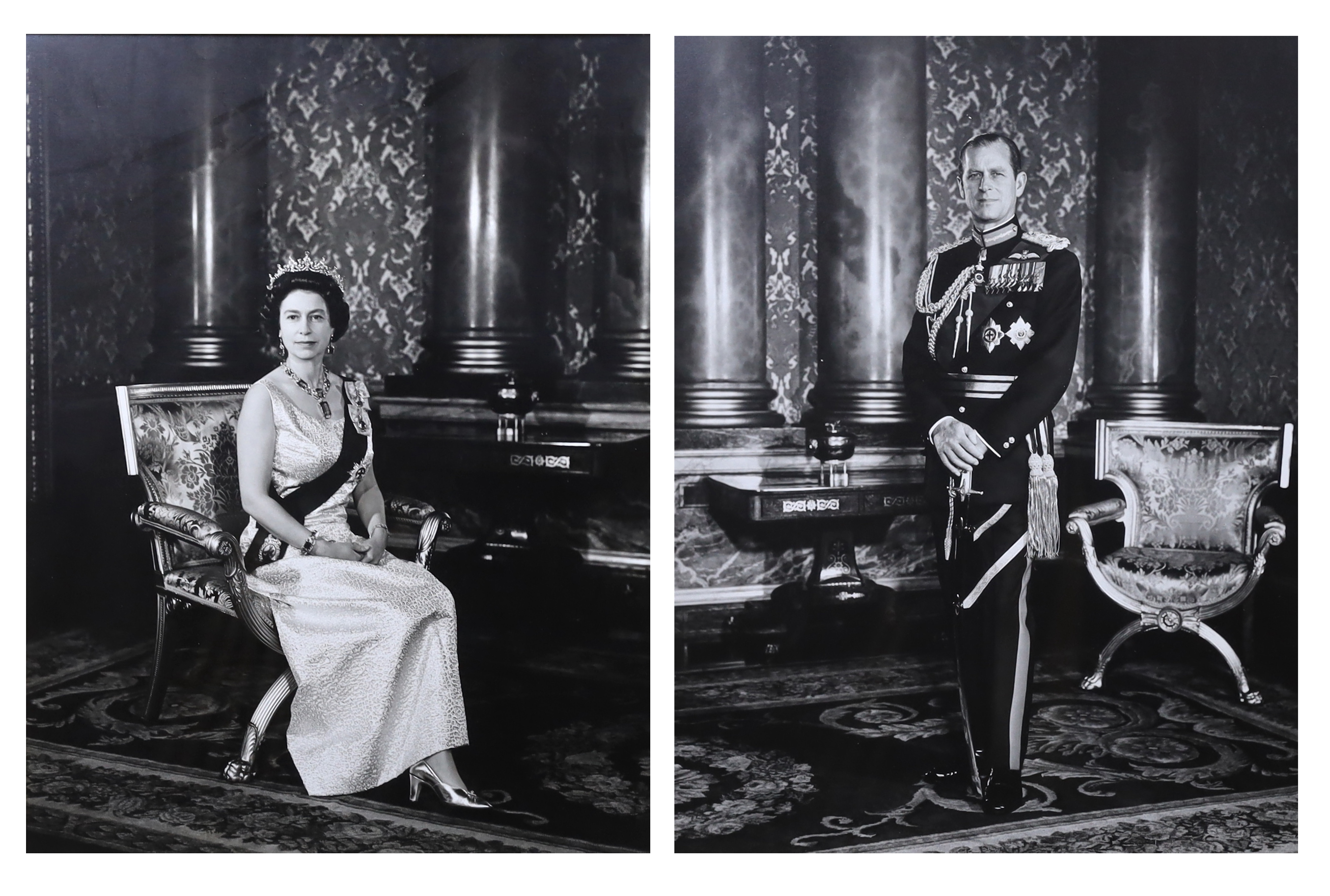 Anthony Buckley (British, 1912-1993) A pair of framed black and white portrait photographs of Queen Elizabeth II and Prince Philip, photographs 51 x 39cm, frames overall 69 x 51cm